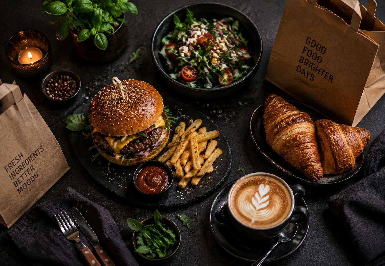 Burger, salade, croissants et café prêts à emporter